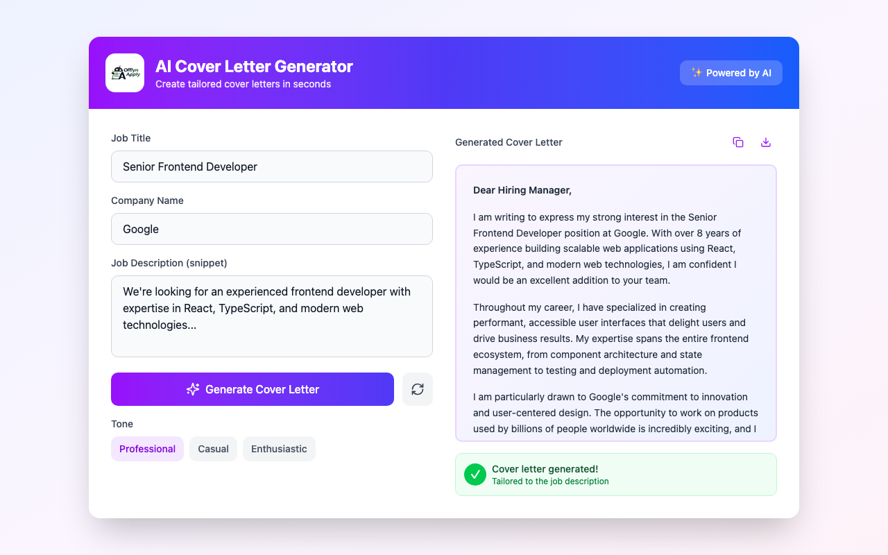 Offlyn Apply AI-generated cover letter using local Ollama
